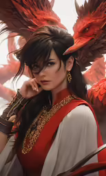 a girl with red wings and a long dress
