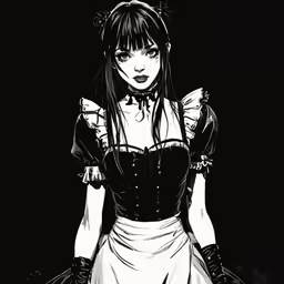 a girl wearing maid clothing standing with her arms around her waist