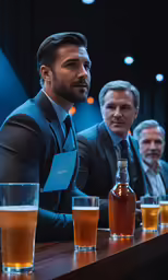 the men are sitting at the bar with bottles
