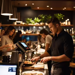 a man at the counter in a restaurant using an ipad