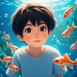 a little boy is looking at many orange fish