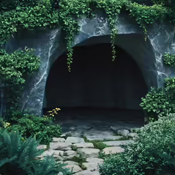 the entrance to a cave with rocks and greenery on it