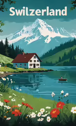 a small white house by the water surrounded by flowers and a snow covered mountain