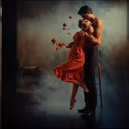 two people are standing together on a chair