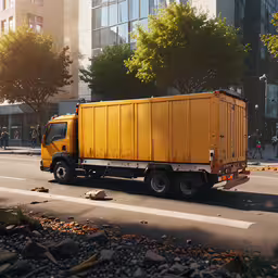 a yellow dump truck is going down the street,yellow truck driving on a street in front of large building