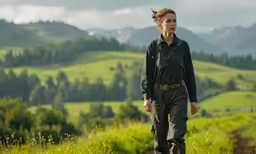 a woman walking in the woods wearing a green shirt