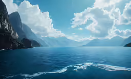 a view from the water of mountains in the distance