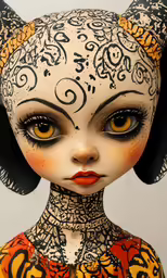 an alien - looking girl with black hair and orange makeup