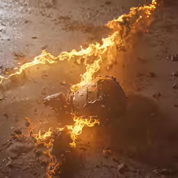 a burning vehicle on its side in the dirt