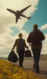 a large jet airplane flying over two men