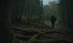 man in the woods walking towards a forest
