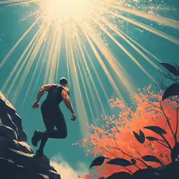 a man leaping in the air over some rocks