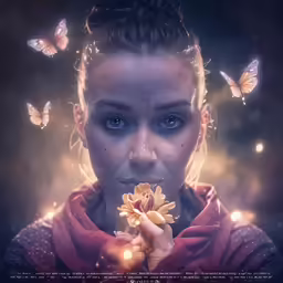 a woman holding a yellow flower with butterfly flying around her