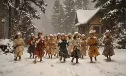 the young women are dressed in period clothing and walking through the snow