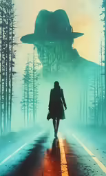 woman walking down a foggy road with an alien hovering above her