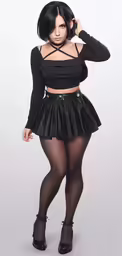 a woman with short black hair wearing a skirt and tights