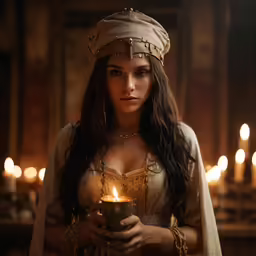 woman in renaissance dress holding lit candle near candles