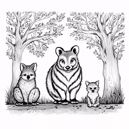 two foxes sitting in front of some trees