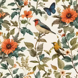 a bird perched on a twig among leaves and flowers