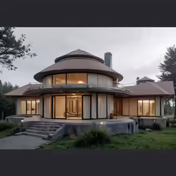 a round house with steps leading to the patio