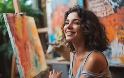 a smiling woman holds a piece of art and smiles