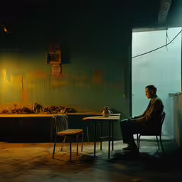 a man sitting at a table in an alley,a man is sitting in a chair and table with one leg crossed while a third sits with his head tilted to his left
