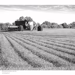 a tractor driving in the middle of a field with hay