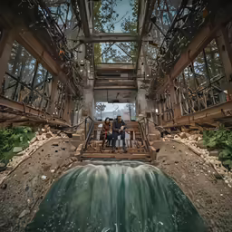 some people are sitting on steps in the water