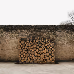 there is a large pile of logs by a wall