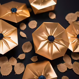 five golden paper flowers sitting on top of some gold leaves