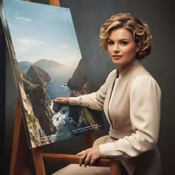 woman sitting in front of an easel holding up an image