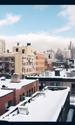 many buildings are shown with snow on the roof