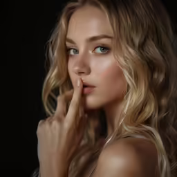 the woman poses in a black dress with her fingers near her face
