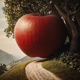 a giant apple leans off the side of a hill in front of an old road
