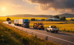 a group of trucks that are traveling down the road,two trucks driving down a road in front of a couple semi