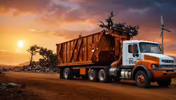 the truck is going down the road and there is the sun in the distance,a red and white truck on dirt road near mountains