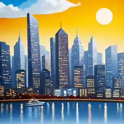 painting of city lights and water at night