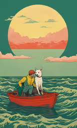 man and his dog riding in a small boat on water,two people on a small boat and a dog in the front