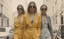 two women in suits are walking through the street