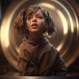 an adorable little girl is looking out from behind a shiny yellow circle