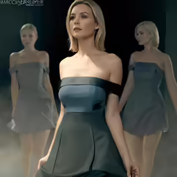 a woman wearing blue and black outfit in front of some dresses