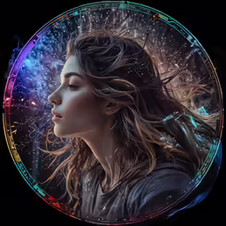 a painting of a girl with long hair and bright glowing skin