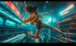 a woman is jumping over an escalator