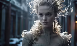 a woman with curly hair and a white dress
