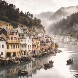 an old town in a river with two small boats
