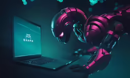 a robot holding a laptop that is on