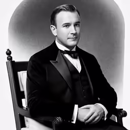 a black and white photo of a man in a suit and tie