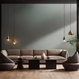 a room with furniture and hanging lights