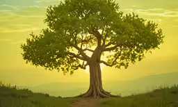 a green tree in the grass on a hill,there is a big tree on the side of the road