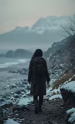 a person in winter clothing walking towards a mountain